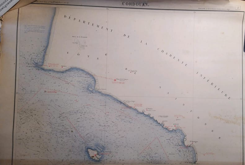 Cordouan. Feuille N&deg; 1. Carte ex&eacute;cut&eacute;e suivant la d&eacute;cision du Conseil G&eacute;n&eacute;ral de la Gironde du 23 ao&ucirc;t 1875. Echelle 1/40000e.. CORDOUAN 