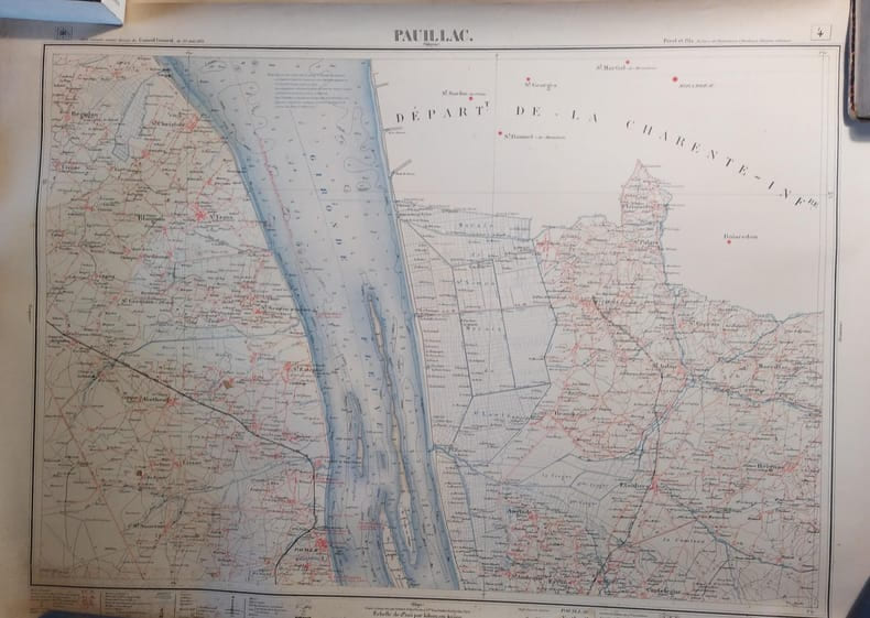 Pauillac (Valeyrac). Feuille N&deg; 4. Carte ex&eacute;cut&eacute;e suivant la d&eacute;cision du Conseil G&eacute;n&eacute;ral de la Gironde du 23 ao&ucirc;t 1875. Echelle 1/40000e.. PAUILLAC ...