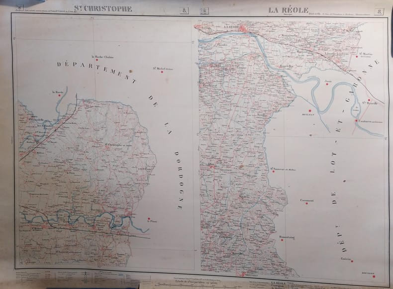 St Christophe et La R&eacute;ole. Feuille N&deg; 8, en deux parties 8.1 et 8.2. Carte ex&eacute;cut&eacute;e suivant la d&eacute;cision du Conseil G&eacute;n&eacute;ral de la Gironde du 23 ao&ucirc;t ...