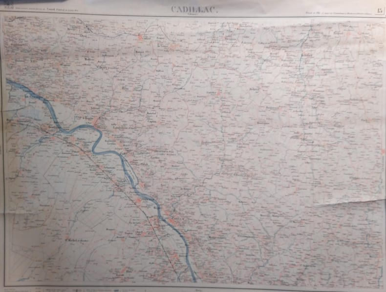 Cadillac (Libourne). Feuille N&deg; 15. Carte ex&eacute;cut&eacute;e suivant la d&eacute;cision du Conseil G&eacute;n&eacute;ral de la Gironde du 23 ao&ucirc;t 1875. Echelle 1/40000e.. CADILLAC ...