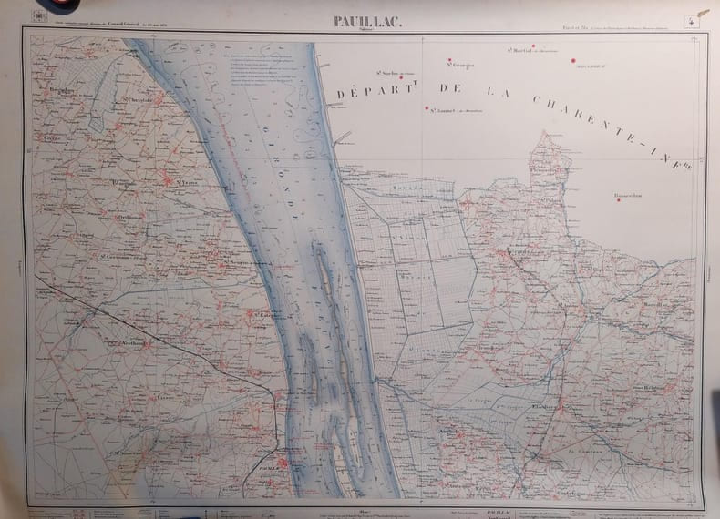 Pauillac (Valeyrac). Feuille N&deg; 4. Carte ex&eacute;cut&eacute;e suivant la d&eacute;cision du Conseil G&eacute;n&eacute;ral de la Gironde du 23 ao&ucirc;t 1875. Echelle 1/40000e.. PAUILLAC ...