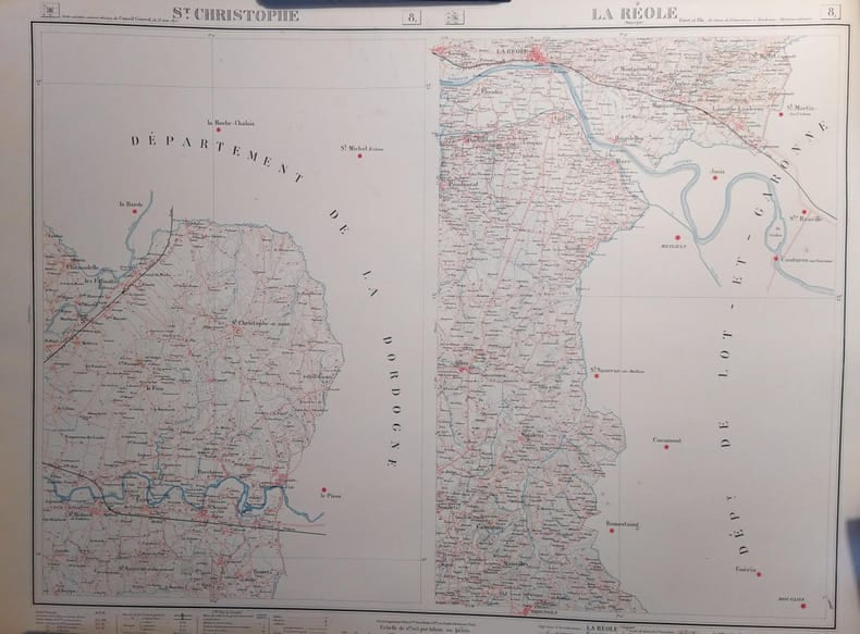 St Christophe et La R&eacute;ole. Feuille N&deg; 8, en deux parties 8.1 et 8.2. Carte ex&eacute;cut&eacute;e suivant la d&eacute;cision du Conseil G&eacute;n&eacute;ral de la Gironde du 23 ao&ucirc;t ...