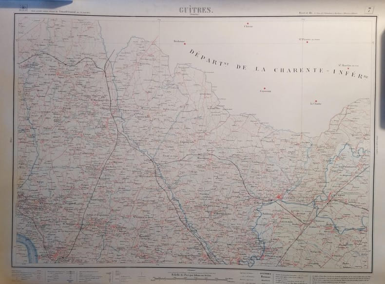 Guitres (Donnezac). Feuille N&deg; 7. Carte ex&eacute;cut&eacute;e suivant la d&eacute;cision du Conseil G&eacute;n&eacute;ral de la Gironde du 23 ao&ucirc;t 1875. Echelle 1/40000e.. GUITRES ...