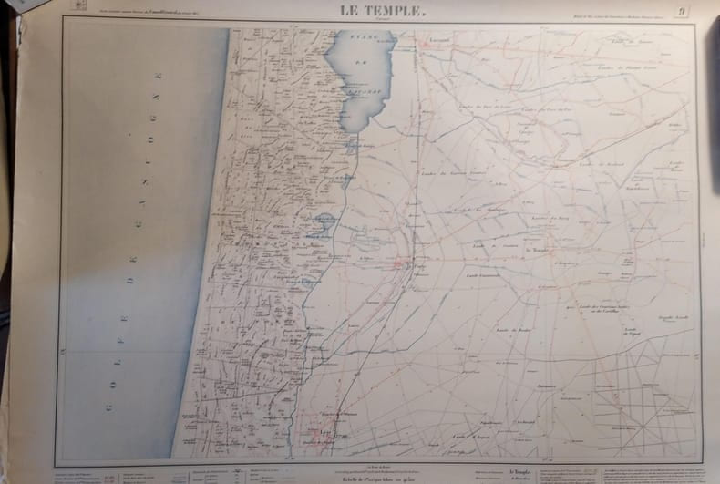 Le Temple (Carcans). feuille N&deg; 9. Carte ex&eacute;cut&eacute;e suivant la d&eacute;cision du Conseil G&eacute;n&eacute;ral de la Gironde du 23 ao&ucirc;t 1875. Echelle 1/40000e.. LE TEMPLE ...