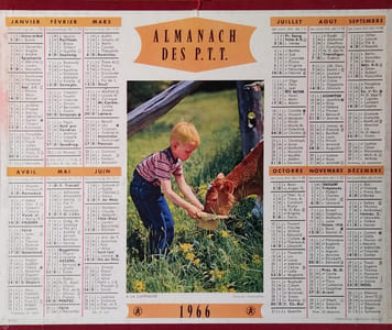 Almanach des P.T.T. 1966. Complet. Calendrier au recto et 10 pages (Paris, avec plan du métro).