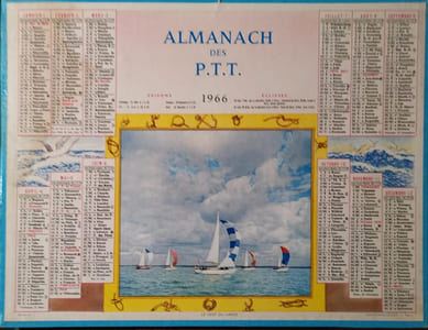 Almanach des P.T.T. 1966. Incomplet. Calendrier au recto, sans les pages régionales qui ont été retirées.