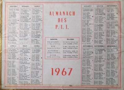 Almanach des P.T.T. 1967. Complet. Version simple : Photo au recto, calendrier annuel au verso.