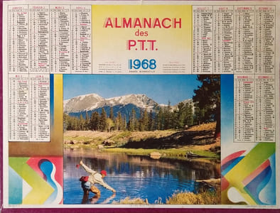 Almanach des P.T.T. 1968. Complet. Calendrier au recto et 14 pages (Paris, avec plan du métro et des lignes d'autobus).