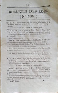 Bulletin des lois. Contient, entre autres, des autorisations de résidence d'étrangers en France, et 10 pages d'acceptations de différents legs et dons.