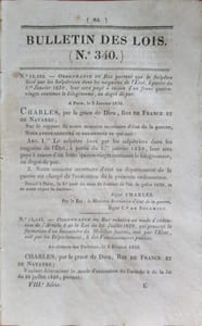 Bulletin des lois. Contient, entre autres, des textes sur les salpêtres, le mobilier des fonctionnaires publics et la construction d'un pont suspendu à Decize…