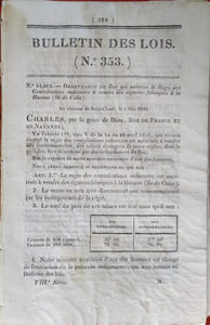 Bulletin des lois. Contient, entre autres, l'autorisation de vente des cigares de La Havane, et une liste de 12 pages de brevets d'invention...