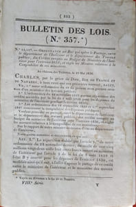 Bulletin des lois. Contient, entre autres, des autorisations d'exploitation de bois et forêts, des naturalisations, des ordonnances sur des mines et usines métallurgiques…