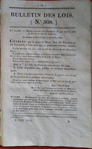 Bulletin des lois. Contient, entre autres, l'ordonnance du Roi qui met la ville de Paris en état de siège…
