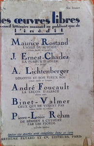 La fureur d’aimer, nouvelle inédite. Parue dans le N° 59 de mai 1926 de la revue les Oeuvres Libres qui contient 5 autres romans et nouvelles inédits de M. Rostand, A. Lichtenberger, A. Foucault, Binet-Valmer, P.-L. Rehm.