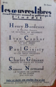 France et Italie en Tunisie, choses vues. Paru dans le N° 65 de novembre 1926 de la revue les Oeuvres Libres qui contient 4 autres romans et nouvelles inédits de H. Bordeaux, Ivan Cankar, P. Ginisty, S. Normand.