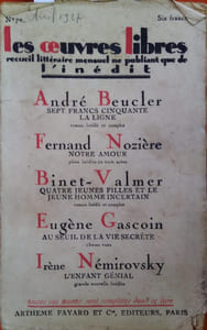 L’enfant génial, nouvelle inédite. Parue dans le N° 70 de avril 1927 de la revue les Oeuvres Libres qui contient 4 autres romans et nouvelles inédits de A. Beucler, F. Nozière, Binet-Valmer, E. Gascoin.