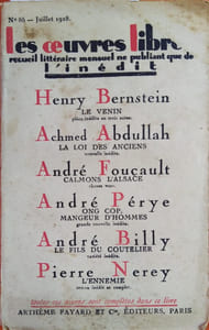Le fils du coutelier, variété historique. (Sur Diderot). Parue dans le N° 85 de juillet 1928 de la revue les Oeuvres Libres qui contient 5 autres romans et nouvelles inédits de Henry Bernstein, Achmed Abdullah, André Foucault, André Pérye, Pierre Nerey.