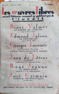 L'amour mathématique. Nouvelle inédite. Parue dans le N° 103 de janvier 1930 de la revue les Oeuvres Libres qui contient 5 autres romans et nouvelles inédits de Binet-Valmer, Edmond Jaloux, Georges Lecomte, Jean de Létraz, René Jeanne, José Germain.