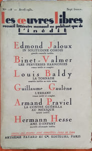 Ame d'enfants. Nouvelle allemande inédite. Parue dans le N° 118 de février 1931 de la revue les Oeuvres Libres qui contient 5 autres romans et nouvelles inédits de Edmond Jaloux, Binet-Valmer, Louis Baldy, Guillaume Gaulène, Armand Praviel.