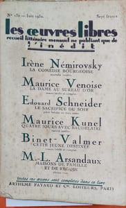 La comédie bourgeoise, nouvelle inédite. Parue dans le N° 132 de juin 1932 de la revue les Oeuvres Libres qui contient 5 autres romans et nouvelles inédits de Maurice Venoise, Edouard Schneider, Maurice Kunel, Binet-Valmer, M.-L. Arsandaux.