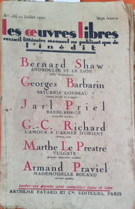 Androclès et le lion, fable dramatique. Parue dans le N° 133 de juillet 1932 de la revue les Oeuvres Libres qui contient 5 autres romans et nouvelles inédits de Georges Barbarin, Jarl Priel, G.-C. Richard, Marthe Le Prestre, Armand Praviel.