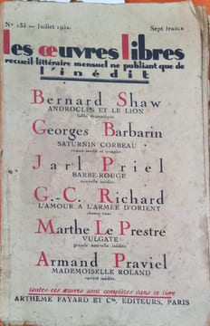 Androclès et le lion, fable dramatique. Parue dans le N° 133 de juillet 1932 de la revue les Oeuvres Libres qui contient 5 autres romans et nouvelles ...