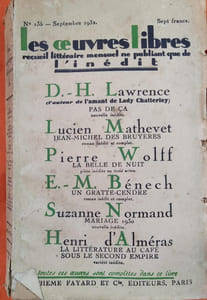 La littérature au café sous le Second Empire, variété inédite. Parue dans le N° 133 de juillet 1932 de la revue les Oeuvres Libres qui contient 5 autres romans et nouvelles inédits de Lucien Mathevet, Wolff Pierre, E.-M. Bénech, Suzanne Normand, Henri d'Alméras.