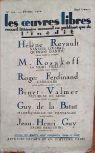 Nanette Loiseau, Queniot d'Anjou, roman inédit et complet. Paru dans le N° 155 de février 1934 de la revue les Oeuvres Libres qui contient 5 autres romans et nouvelles inédits de M. Kosakoff, Roger Ferdinand, Binet-Valmer, Guy de la Batut, Jean-Henri Guy.