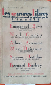 File indienne, Nouvelle inédite en trois actes Parue dans le N° 172 d'octobre 1935 de la revue les Oeuvres Libres qui contient 4 autres romans et nouvelles inédits de Nel Garès, Emmanuel Bove, Suzanne Bertillon, Bernard Barbey