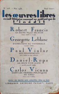D'Annunzio au Vittoriale. Souvenirs inédits. Parus dans le N° 203 de mai 1938 de la revue les Oeuvres Libres qui contient 4 autres romans et nouvelles inédits de Robert Francis, Paul Vialar, Daniel-Rops, Carlos Vicuna.