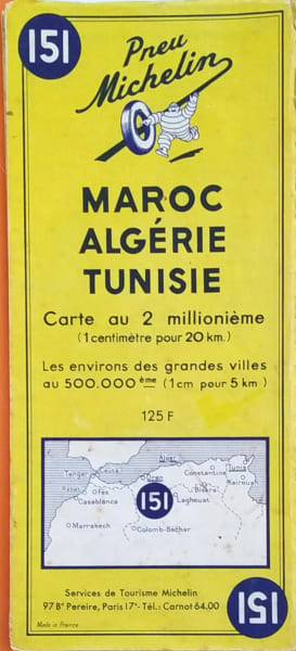 Maroc, Alg&eacute;rie, Tunisie. Carte &agrave; l'&eacute;chelle 1/2000 000e. Environs des grandes villes au 1/50 000e.. CARTE MICHELIN 