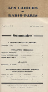 Les Cahiers de Radio-Paris 1930 : Supplément N° 2 : Conférences médicales. Conférences données dans l'auditorium de la Compagnie française de radiophonie.