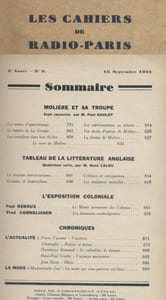Les Cahiers de Radio-Paris 1931-9 : Paul Gaulot sur Molière - René Lalou - Paul Reboux - Cornelissen ... Conférences données dans l'auditorium de la Compagnie française de radiophonie.