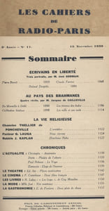 Les Cahiers de Radio-Paris 1932-11 : Benoit - Farrère - Dorgelès. Au pays des brahmanes ... Conférences données dans l'auditorium de la Compagnie française de radiophonie.