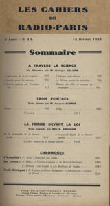 Les Cahiers de Radio-Paris 1933-10 : A travers la science - La femme devant la loi - Renoir - Sisley - Vlaminck ... Conférences données dans l'auditorium de la Compagnie française de radiophonie.
