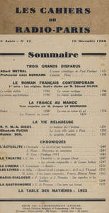 Les Cahiers de Radio-Paris 1933-12 : Le roman français contemporain, la France au Maroc … Conférences données dans l'auditorium de la Compagnie française de radiophonie.