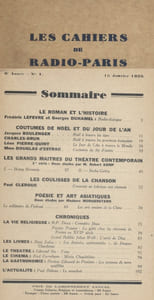Les Cahiers de Radio-Paris 1935-1 : Le roman et l'histoire - Coutumes de Noël - Théâtre - Chanson … Conférences données dans l'auditorium de la Compagnie française de radiophonie.