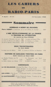 Les Cahiers de Radio-Paris 1936-11 : Hommage à Henry de Jouvenel. Littérature par Raoul Stéphan - Emile Magne. Histoire de quelques théâtres par Robert Kemp ... Conférences données dans l'auditorium de la Compagnie française de radiophonie.