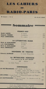 Les Cahiers de Radio-Paris 1937-4 : France 1937 - La littérature russe, souvenirs de Mounet-Sully … Conférences données dans l'auditorium de la Compagnie française de radiophonie.