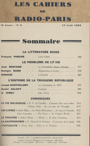 Les Cahiers de Radio-Paris 1937-8 : La littérature russe (Leon Tolstoï) - Le problème de la vie, l'histoire de la Troisième République … Conférences données dans l'auditorium de la Compagnie française de radiophonie.