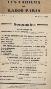 Les Cahiers de Radio-Paris 1938-2 : Jules Romains, le génie scientifique, la France d'Outre-mer … Conférences données dans l'auditorium de la Compagnie française de radiophonie.