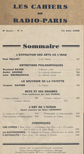 Les Cahiers de Radio-Paris 1938-8 : Entretiens philosophiques - La Fayette - Retz et ses énigmes - L'art de l'écran par Roger Leenhardt ... Conférences données dans l'auditorium de la Compagnie française de radiophonie.