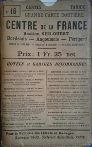 Carte Taride N° 16. Grande carte routière. Centre de la France. Section Sud-Ouest au 1 250 000e. Nouvelle carte de France à l'usage des cyclistes et automobilistes.