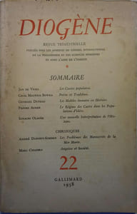 Diogène. Revue trimestrielle. N° 22. Jan de Vries - Georges Duveau - Pierre Auger - Marc Chapiro - Dupont-Sommer …