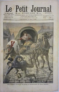 Le Petit journal - Supplément illustré N° 911 : Julie Mantoux, maraîchère, se débarrasse de deux bandits. (Porte de la Chapelle).(Gravure en première page).