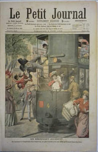 Le Petit journal - Supplément illustré N° 968 : Un homme tombe d'un tramway. (A Clichy). (Gravure en première page). Gravure en dernière page: Coups de feu sur une sentinelle. (Au camp militaire du Bréau).