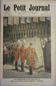 Le Petit journal - Supplément illustré N° 1019 : Funérailles d'Edouard VII. (Gravure en première page). Gravure en dernière page: Un lion apprivoisé emporte un enfant.
