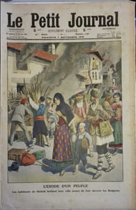 Le Petit journal - Supplément illustré N° 1190 : Les habitants de Melnik fuient devant les Bulgares. (Gravure en première page). Gravure en dernière page: Un singe grimpe en autobus.