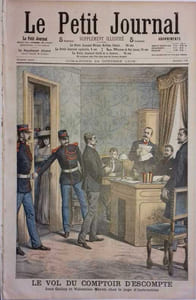 Le Petit journal - Supplément illustré N° 779 : Le vol du comptoir d'escompte : Jean Gallay et Valentine Méréli chez le juge d'instruction. (Gravure en première page). Gravure en dernière page: Sauvetage en mer : Transbordement des matelots de l'Hélène sur le chalutier Gris-Nez.