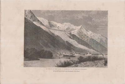 La chaîne du Mont-Blanc et Chamonix, vus du bord de l'Arveiron. Gravure extraite de la Nouvelle géographie universelle d'Elisée Reclus.